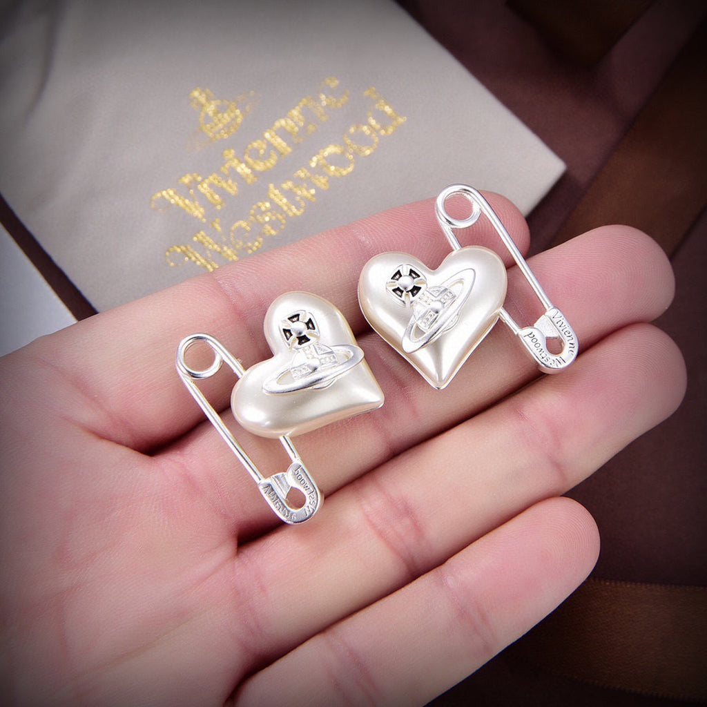 Vivienne Westwood Style Silver-Tone Punk Safety Pin Pearl Heart Orb Stud Earrings