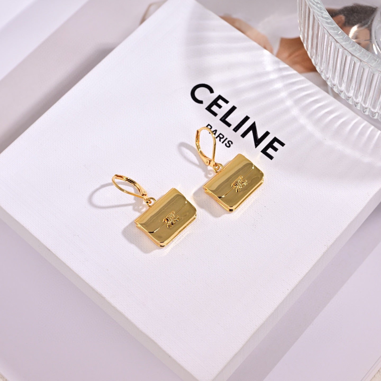 CELINE Style Gold-Tone Triomphe Mini Bag Charm Drop Leverback Earrings