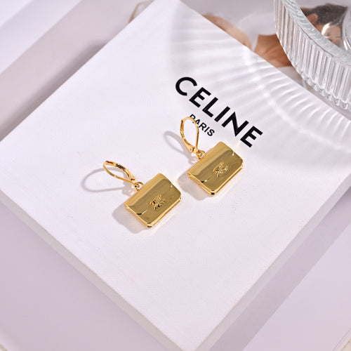 CELINE Style Gold-Tone Triomphe Mini Bag Charm Drop Leverback Earrings