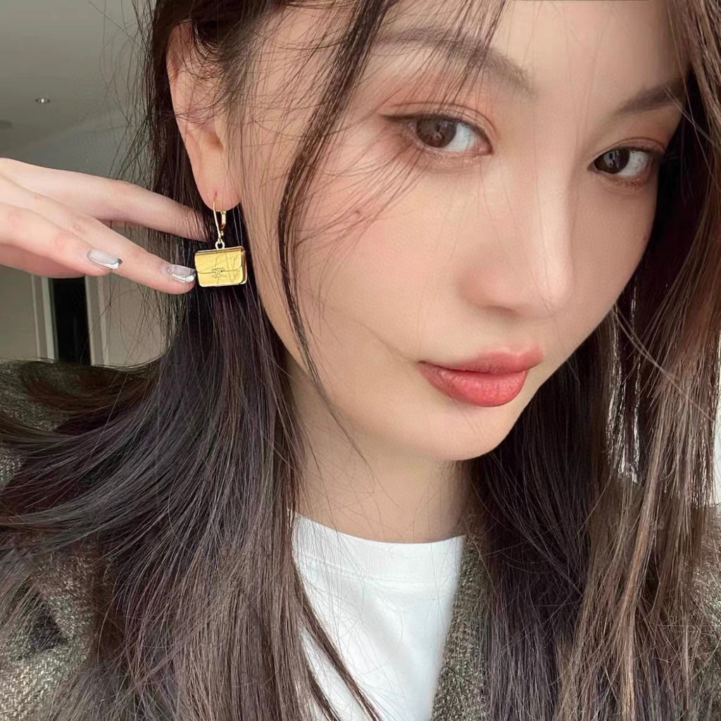 CELINE Style Gold-Tone Triomphe Mini Bag Charm Drop Leverback Earrings