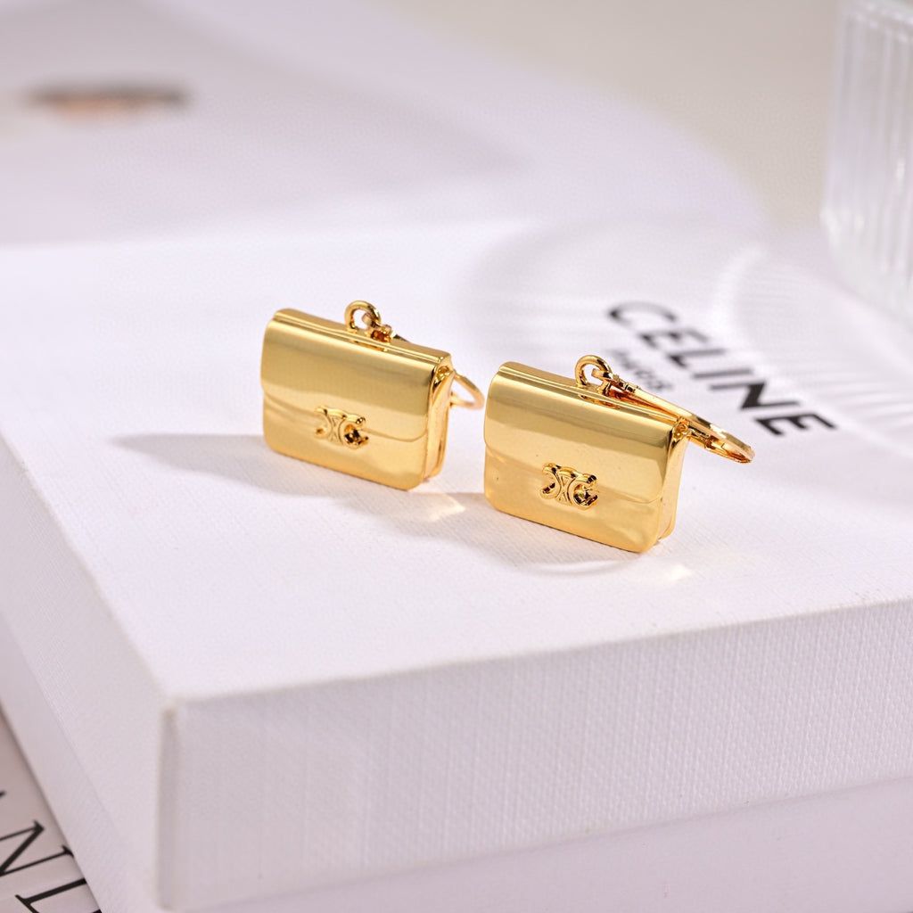 CELINE Style Gold-Tone Triomphe Mini Bag Charm Drop Leverback Earrings
