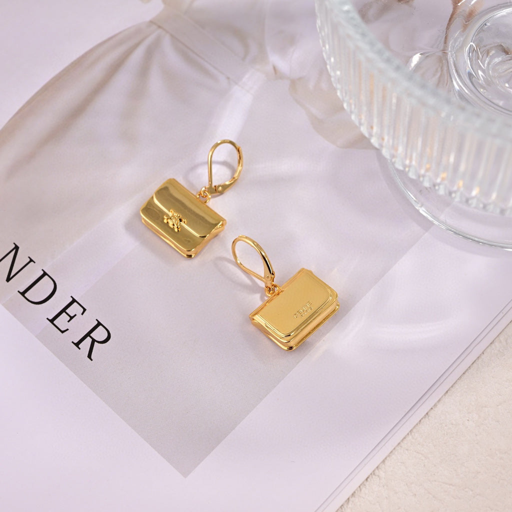 CELINE Style Gold-Tone Triomphe Mini Bag Charm Drop Leverback Earrings