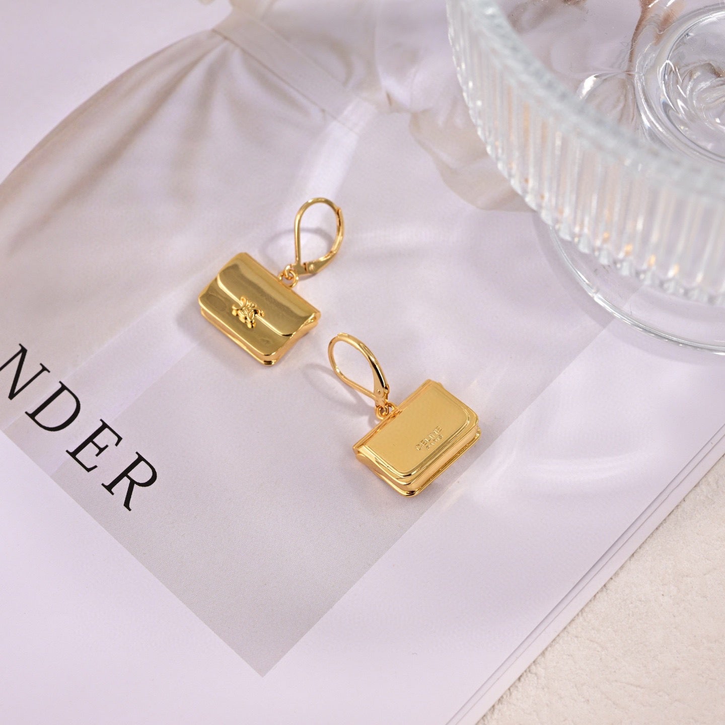 CELINE Style Gold-Tone Triomphe Mini Bag Charm Drop Leverback Earrings