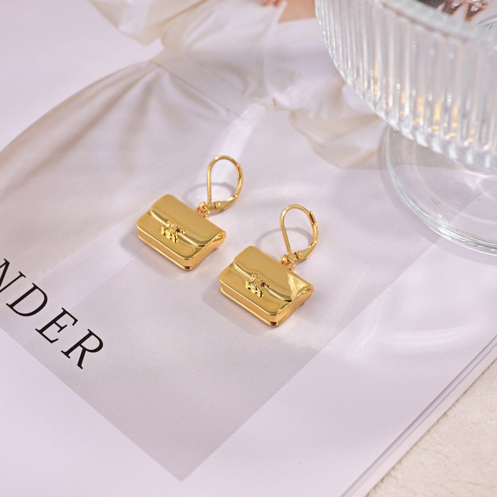 CELINE Style Gold-Tone Triomphe Mini Bag Charm Drop Leverback Earrings