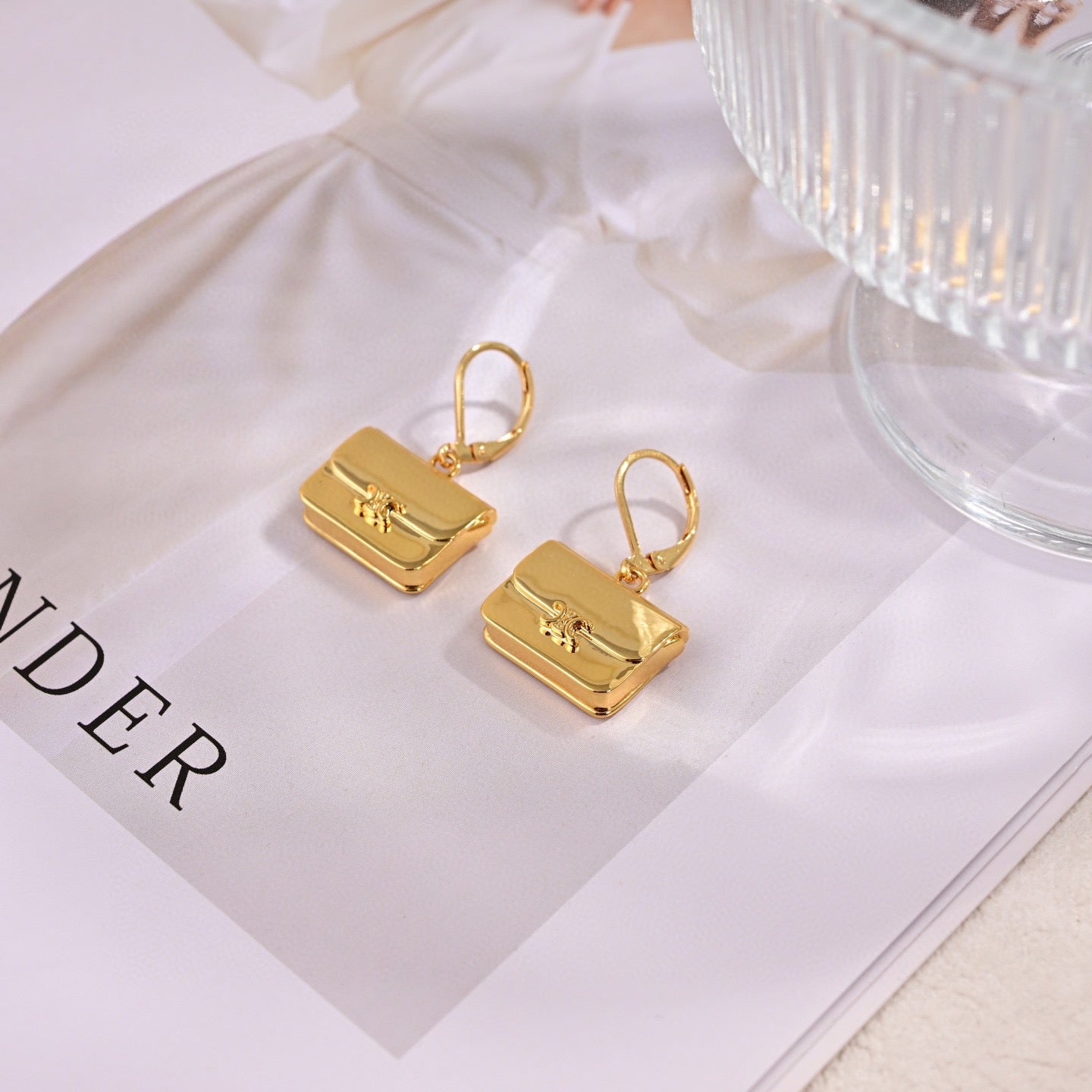 CELINE Style Gold-Tone Triomphe Mini Bag Charm Drop Leverback Earrings