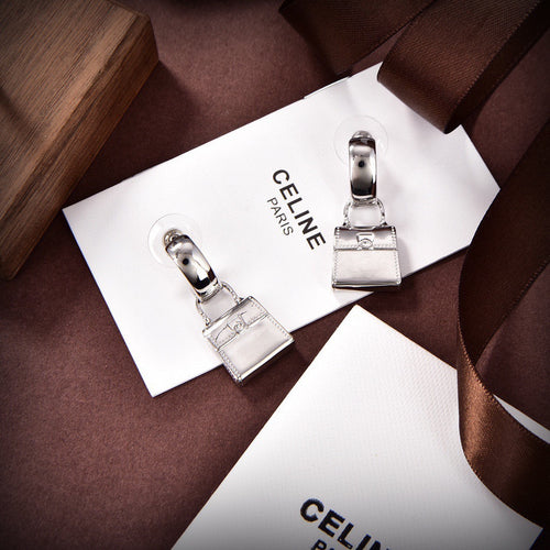 CELINE Style Silver-Tone Triomphe Mini Bag Charm Half-Hoop Drop Earrings