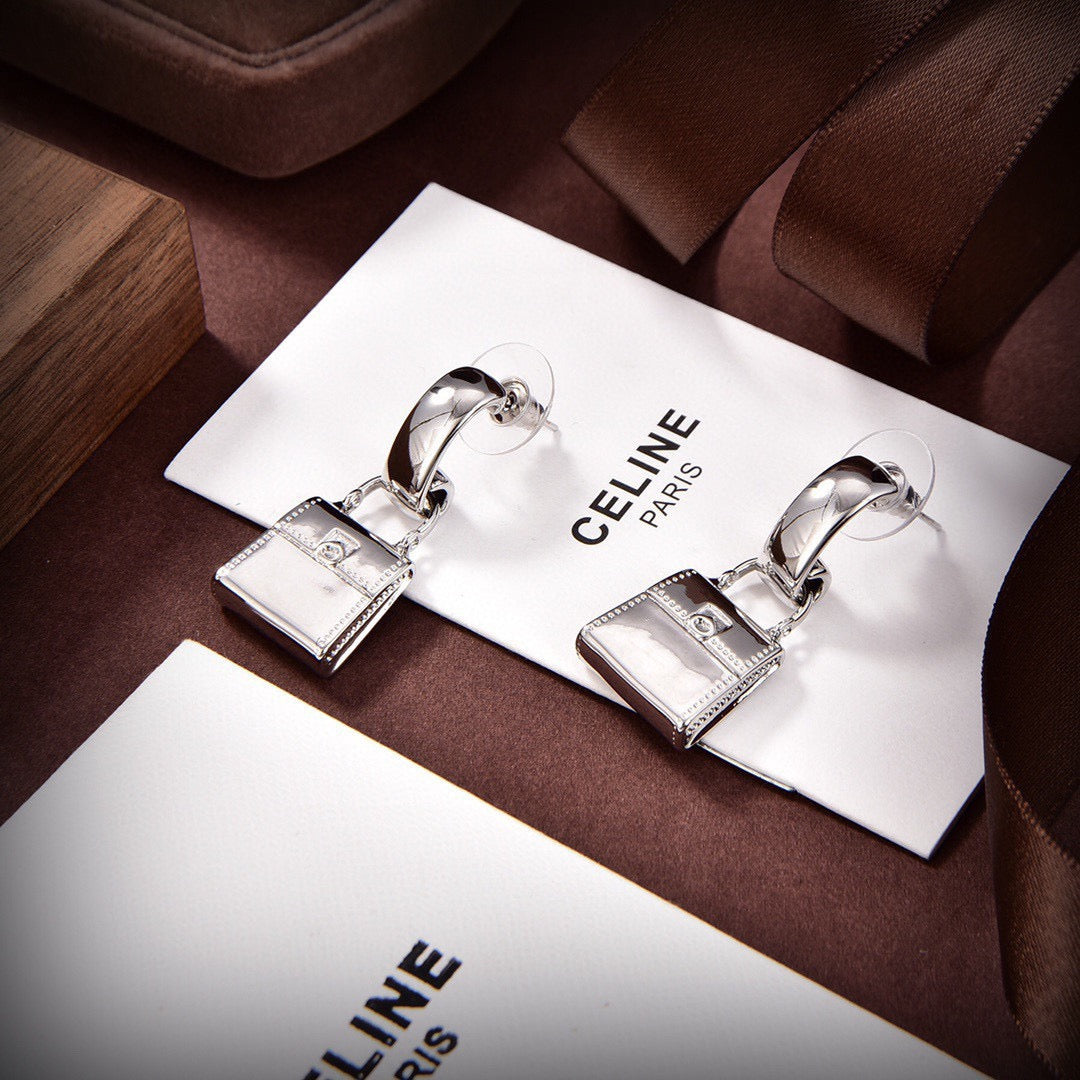 CELINE Style Silver-Tone Triomphe Mini Bag Charm Half-Hoop Drop Earrings
