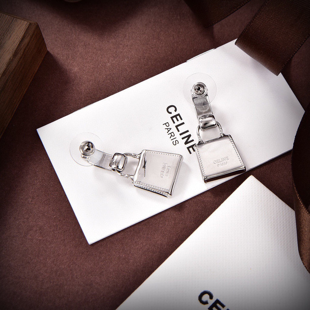 CELINE Style Silver-Tone Triomphe Mini Bag Charm Half-Hoop Drop Earrings