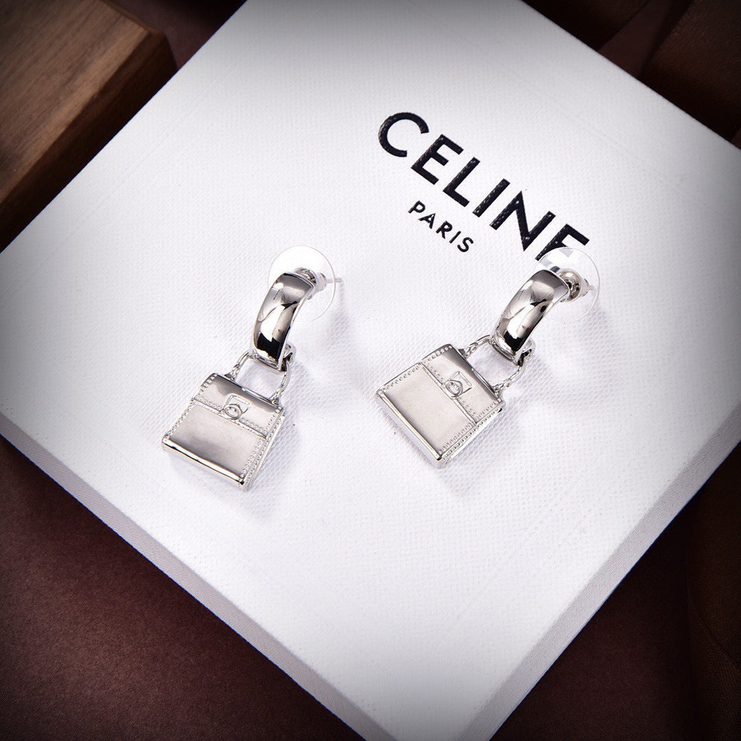 CELINE Style Silver-Tone Triomphe Mini Bag Charm Half-Hoop Drop Earrings