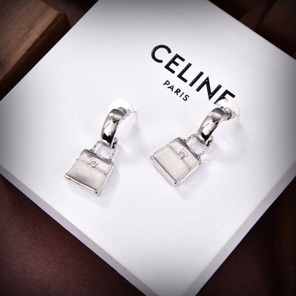 CELINE Style Silver-Tone Triomphe Mini Bag Charm Half-Hoop Drop Earrings