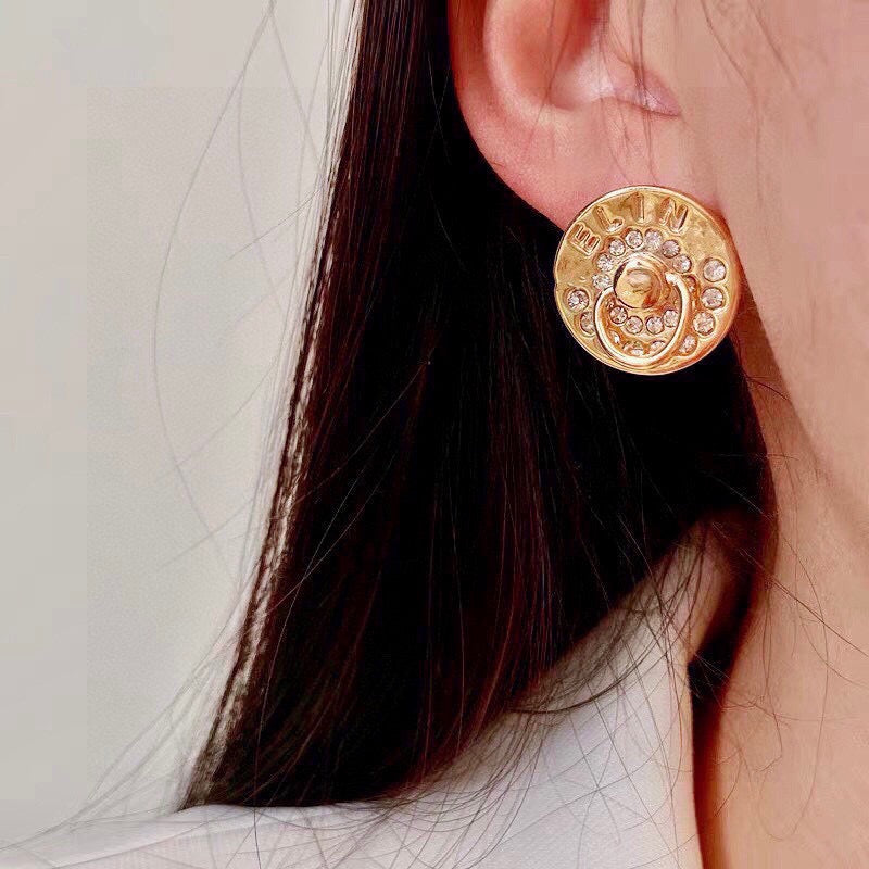 CELINE Style Gold-Tone Logo Engraved Rhinestone Pavé Round Disc Door-Knocker Stud Earrings
