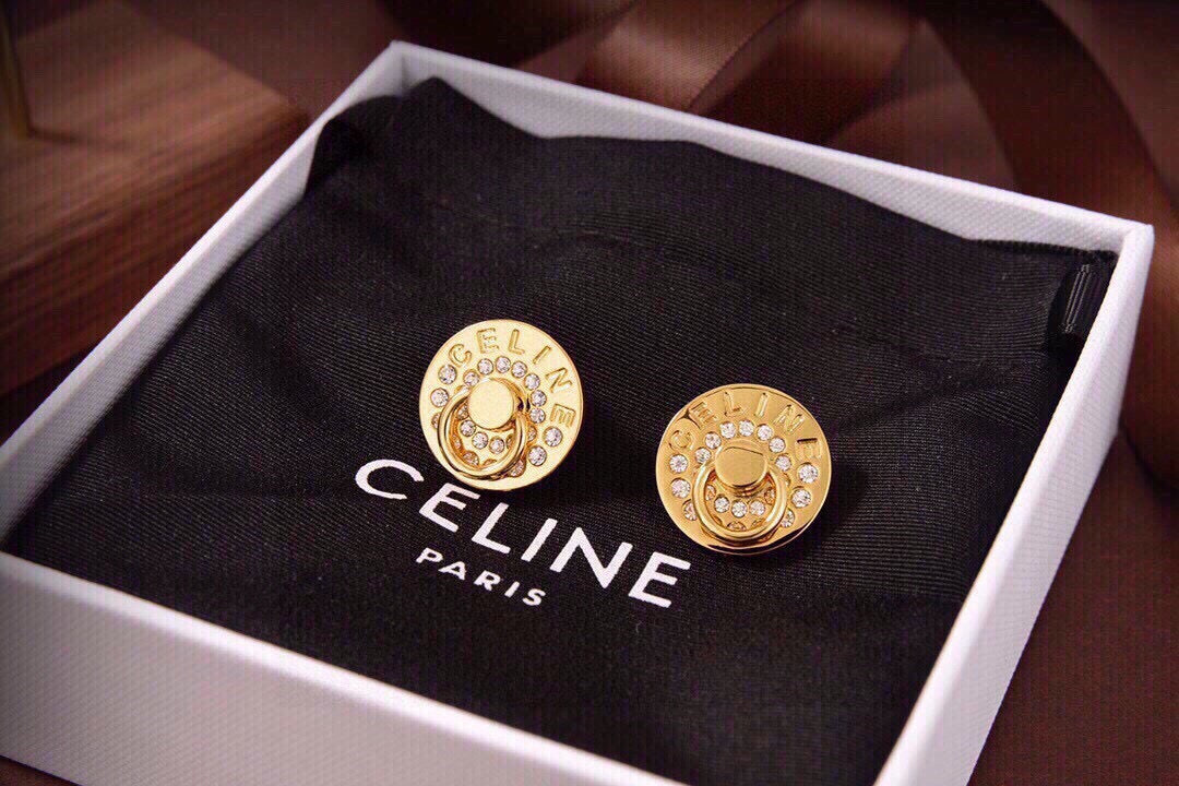 CELINE Style Gold-Tone Logo Engraved Rhinestone Pavé Round Disc Door-Knocker Stud Earrings