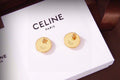 CELINE Style Gold-Tone Logo Engraved Rhinestone Pavé Round Disc Door-Knocker Stud Earrings
