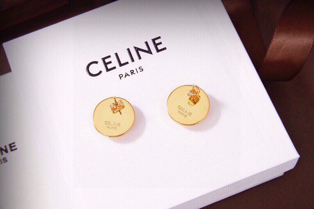 CELINE Style Gold-Tone Logo Engraved Rhinestone Pavé Round Disc Door-Knocker Stud Earrings