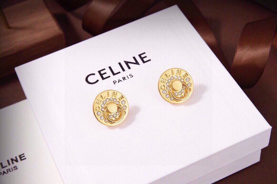 CELINE Style Gold-Tone Logo Engraved Rhinestone Pavé Round Disc Door-Knocker Stud Earrings