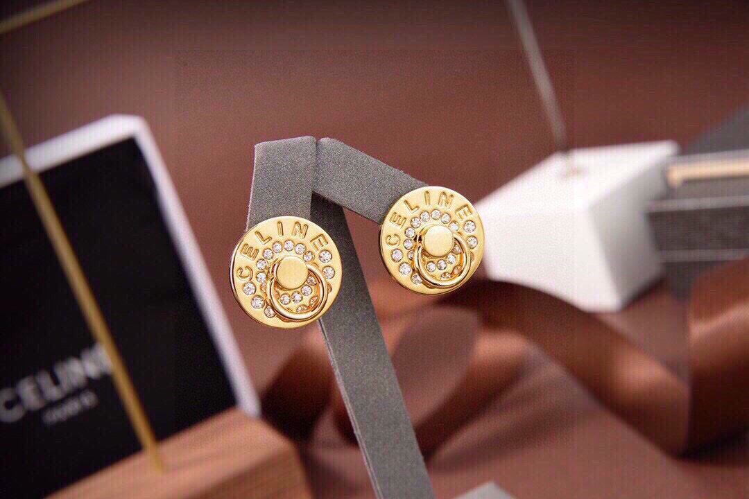 CELINE Style Gold-Tone Logo Engraved Rhinestone Pavé Round Disc Door-Knocker Stud Earrings