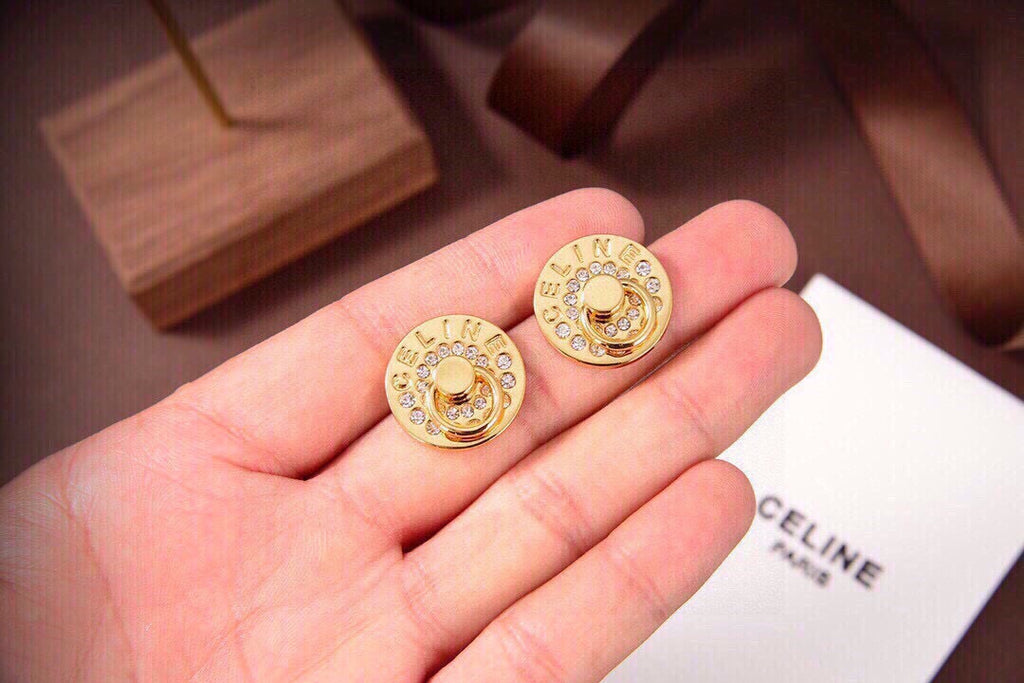 CELINE Style Gold-Tone Logo Engraved Rhinestone Pavé Round Disc Door-Knocker Stud Earrings