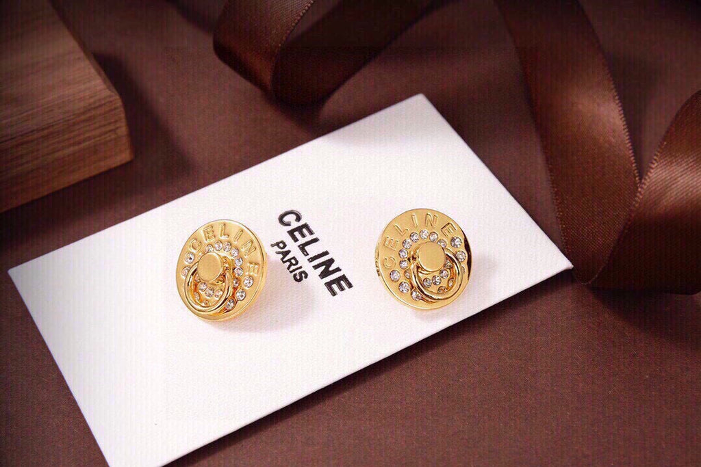 CELINE Style Gold-Tone Logo Engraved Rhinestone Pavé Round Disc Door-Knocker Stud Earrings