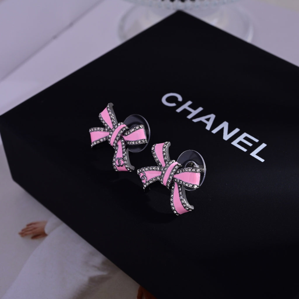CHANEL Style Pink Enamel Black-Tone Metal Bow Rhinestone Border Mini CC Stud Earrings