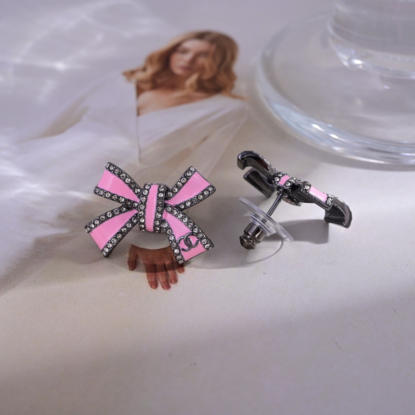 CHANEL Style Pink Enamel Black-Tone Metal Bow Rhinestone Border Mini CC Stud Earrings