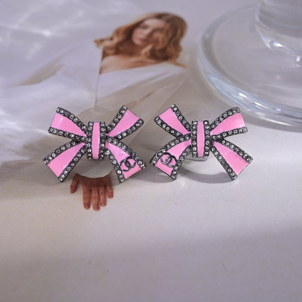 CHANEL Style Pink Enamel Black-Tone Metal Bow Rhinestone Border Mini CC Stud Earrings