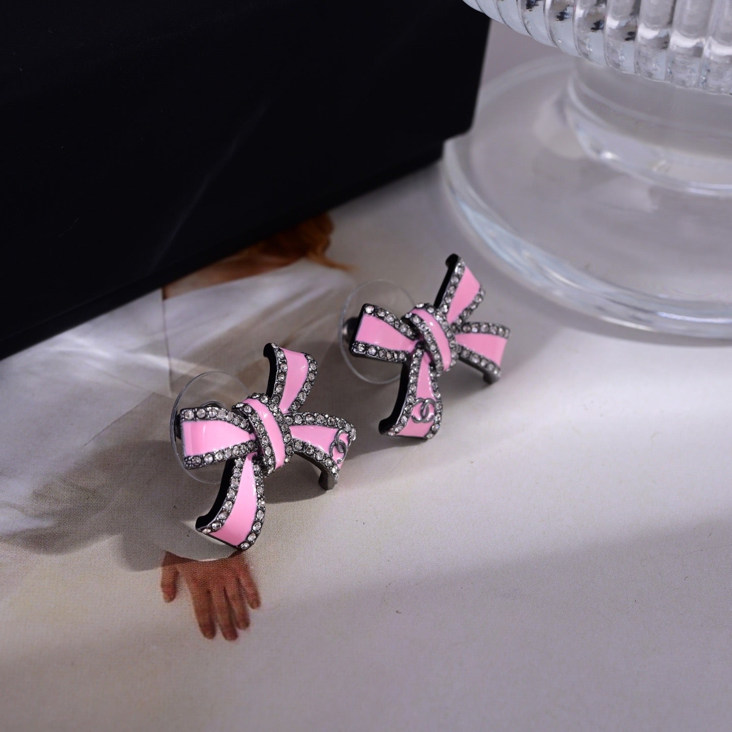 CHANEL Style Pink Enamel Black-Tone Metal Bow Rhinestone Border Mini CC Stud Earrings