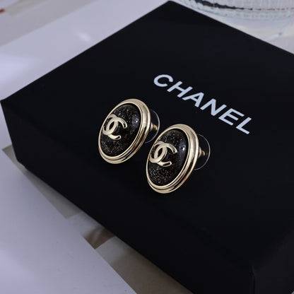 CHANEL Style Gold-Tone Vintage Oval Glitter Black Enamel CC Logo Stud Earrings