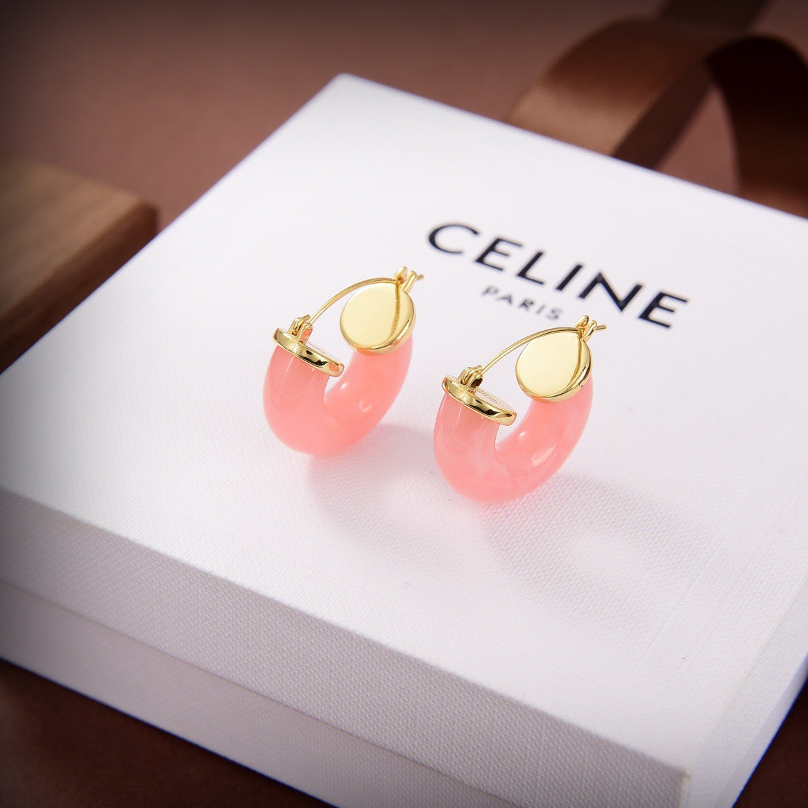 CELINE Style Gold-Tone Round Disc Pastel Pink Resin Chunky Hoop Earrings
