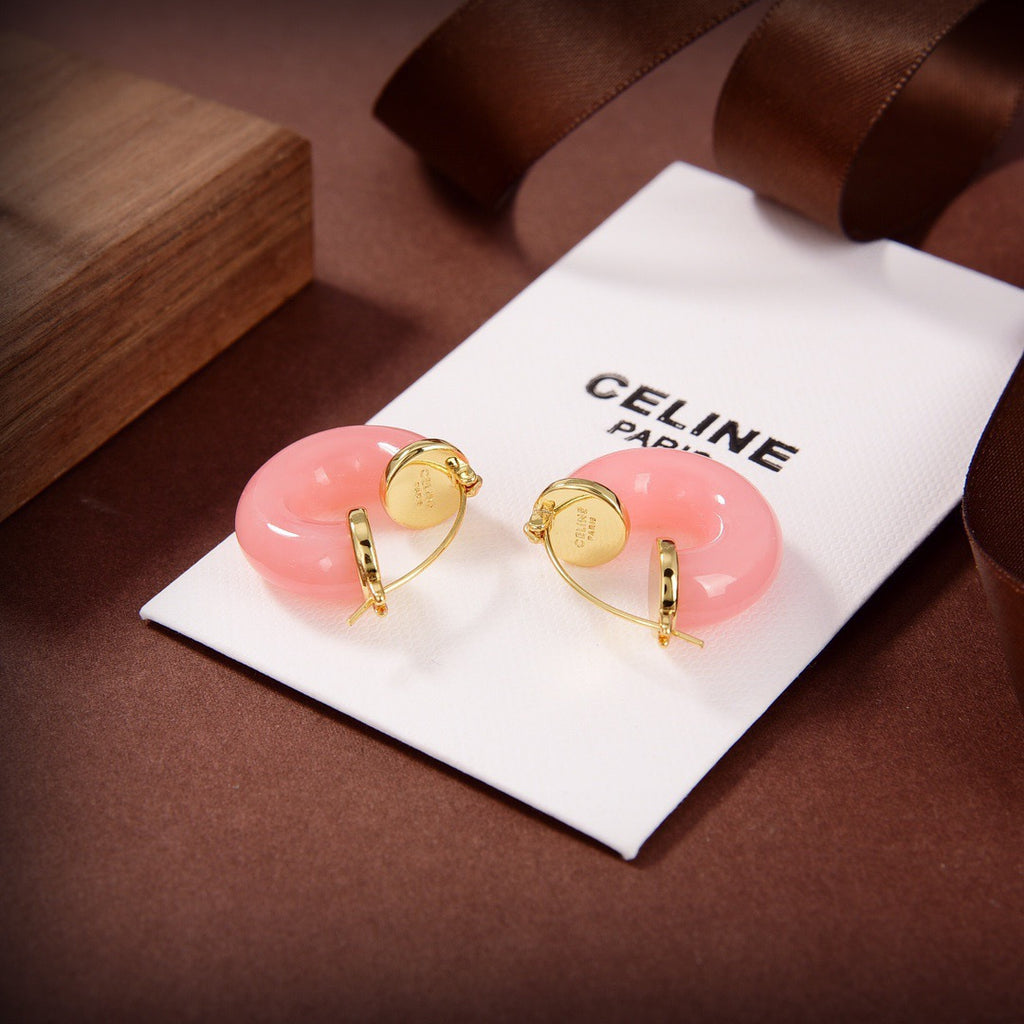 CELINE Style Gold-Tone Round Disc Pastel Pink Resin Chunky Hoop Earrings