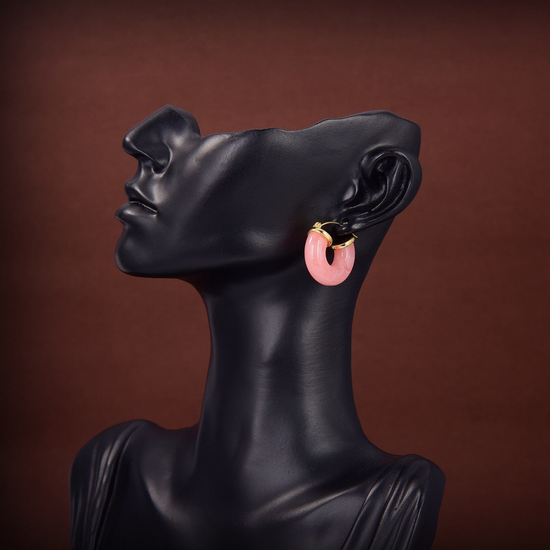 CELINE Style Gold-Tone Round Disc Pastel Pink Resin Chunky Hoop Earrings