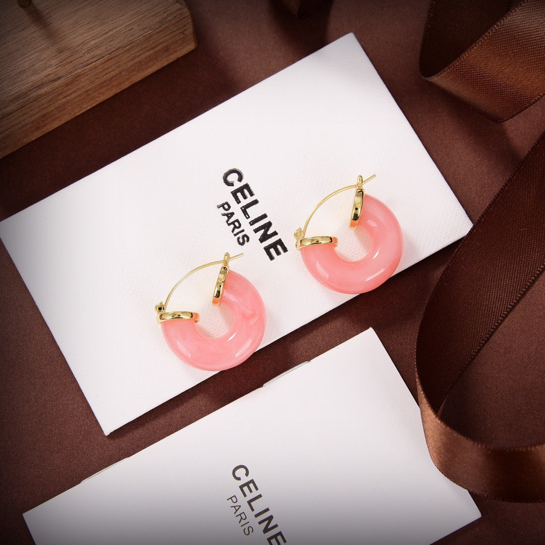 CELINE Style Gold-Tone Round Disc Pastel Pink Resin Chunky Hoop Earrings
