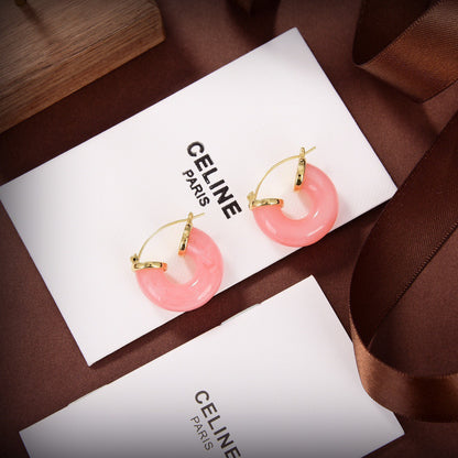 CELINE Style Gold-Tone Round Disc Pastel Pink Resin Chunky Hoop Earrings