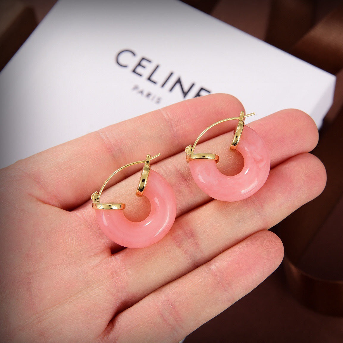 CELINE Style Gold-Tone Round Disc Pastel Pink Resin Chunky Hoop Earrings