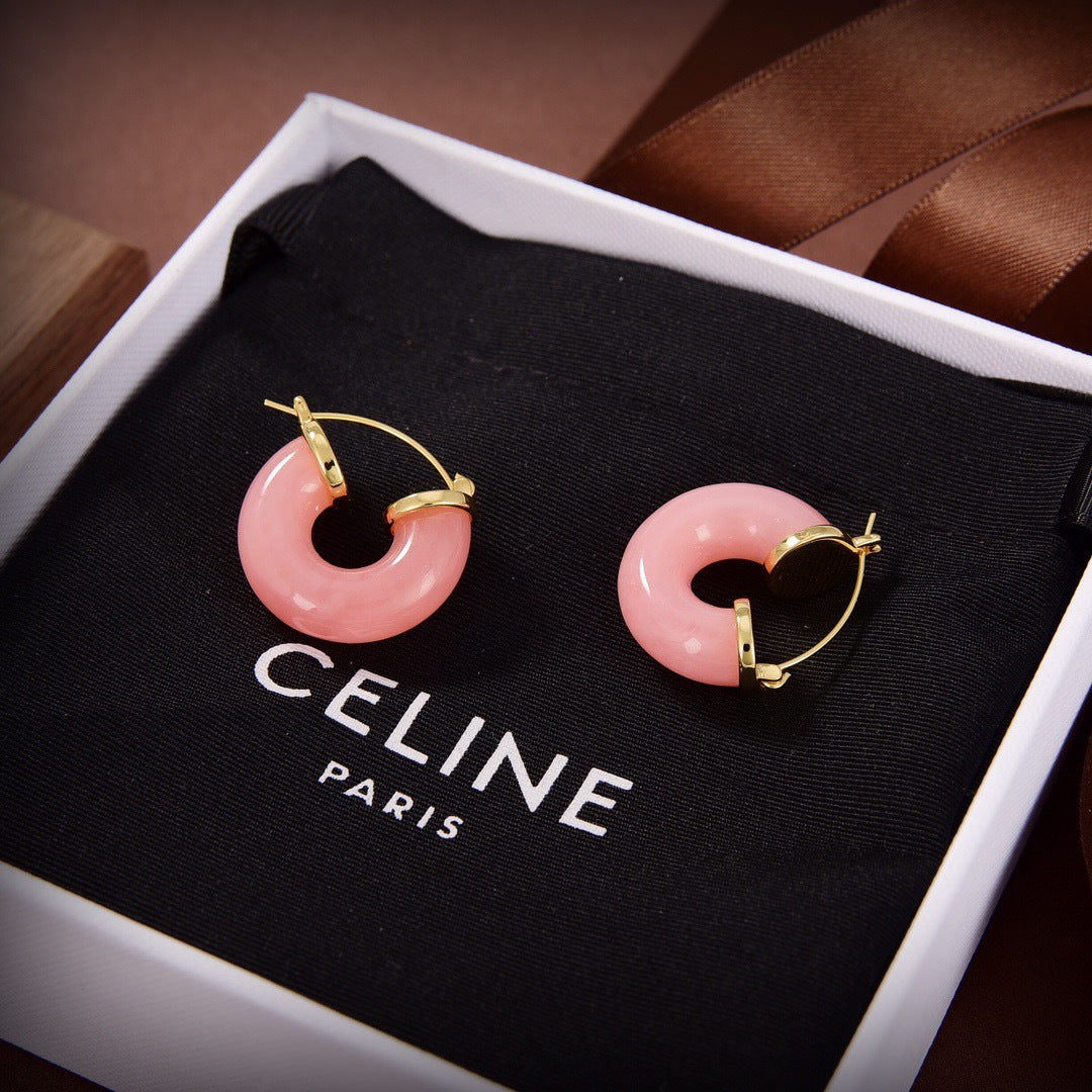 CELINE Style Gold-Tone Round Disc Pastel Pink Resin Chunky Hoop Earrings