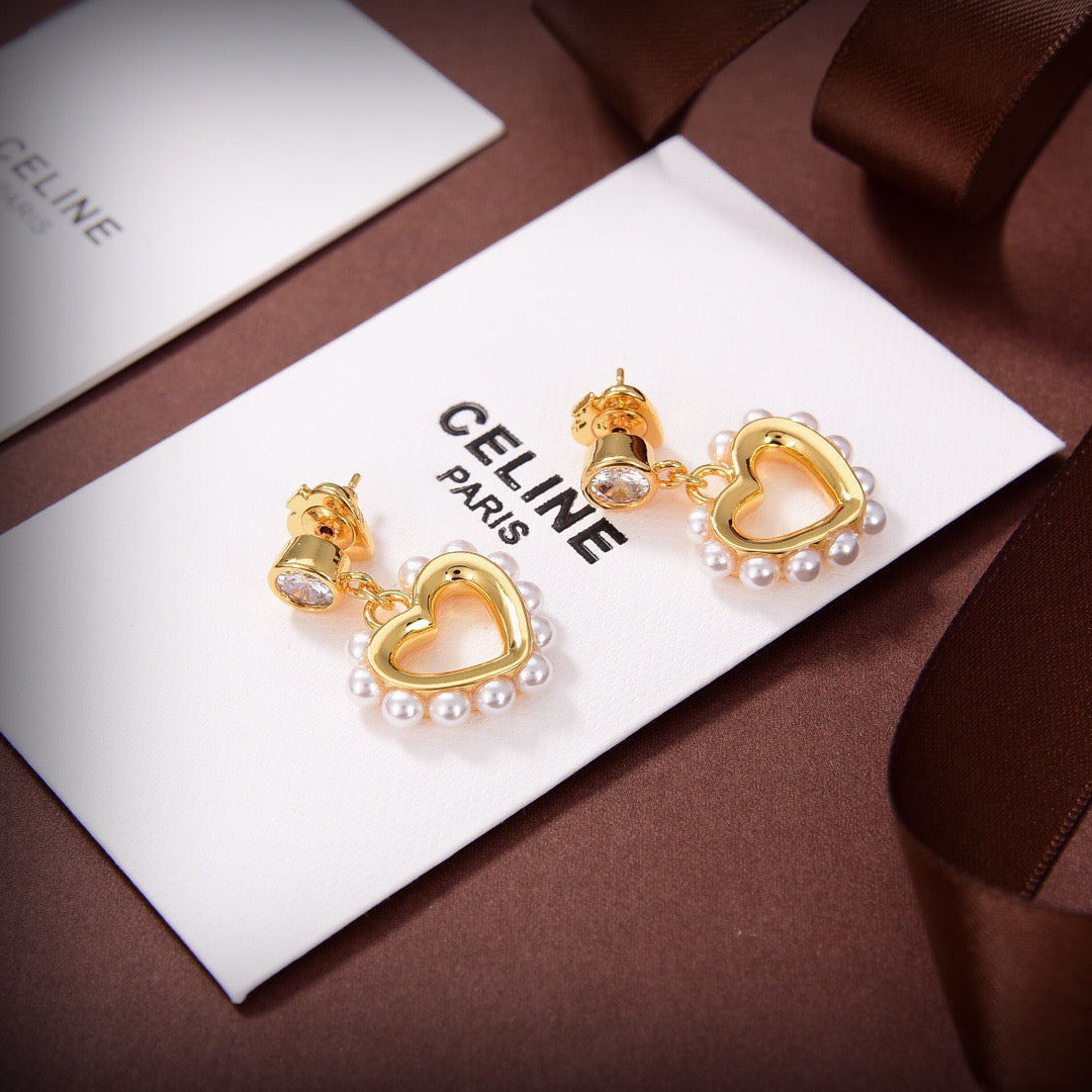 CELINE Style Gold-Tone Solitaire Crystal Stud Pearl-Trimmed Hollow Heart Drop Earrings