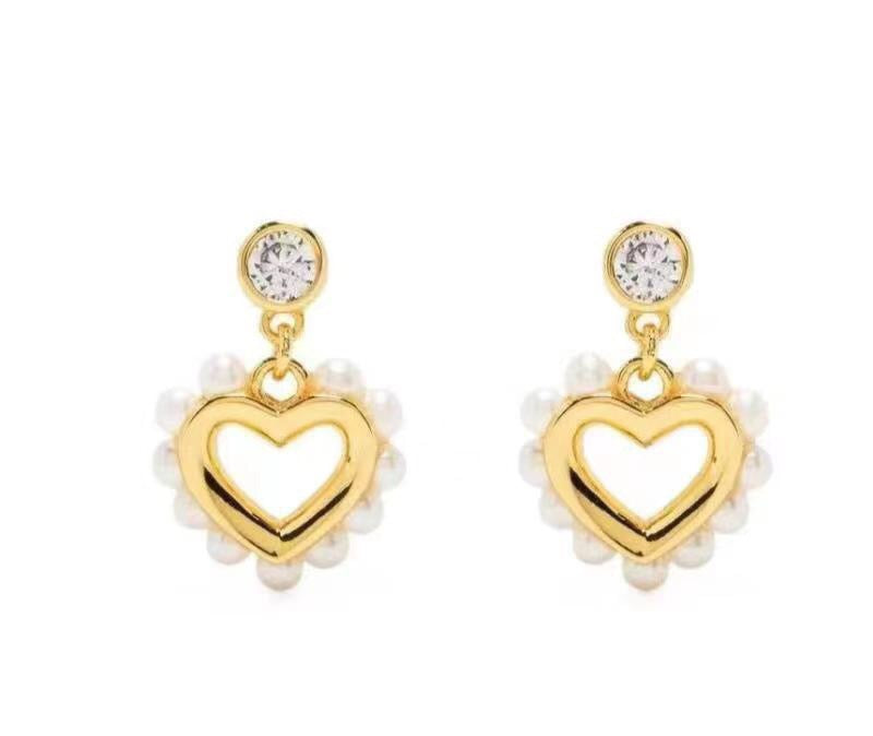 CELINE Style Gold-Tone Solitaire Crystal Stud Pearl-Trimmed Hollow Heart Drop Earrings