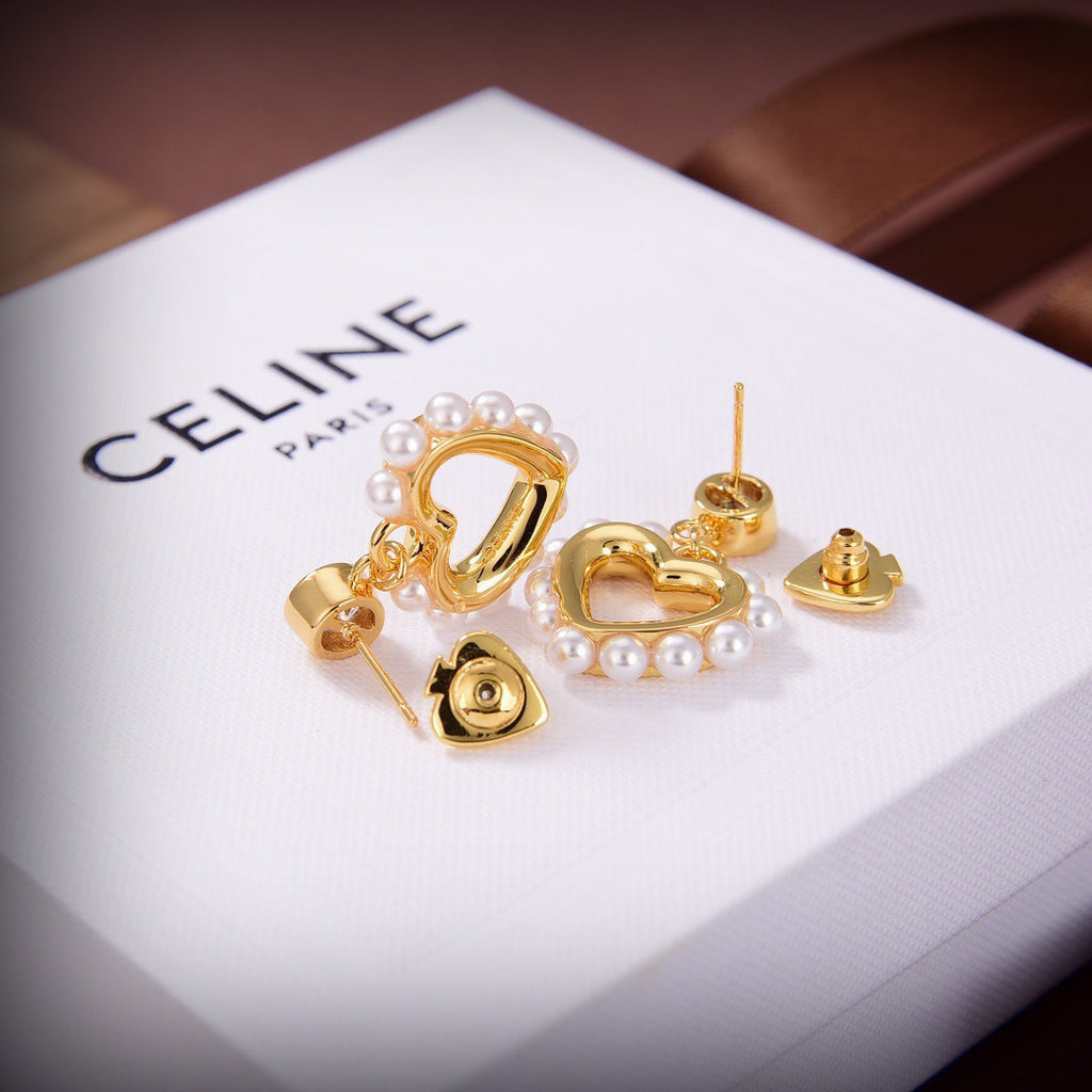 CELINE Style Gold-Tone Solitaire Crystal Stud Pearl-Trimmed Hollow Heart Drop Earrings