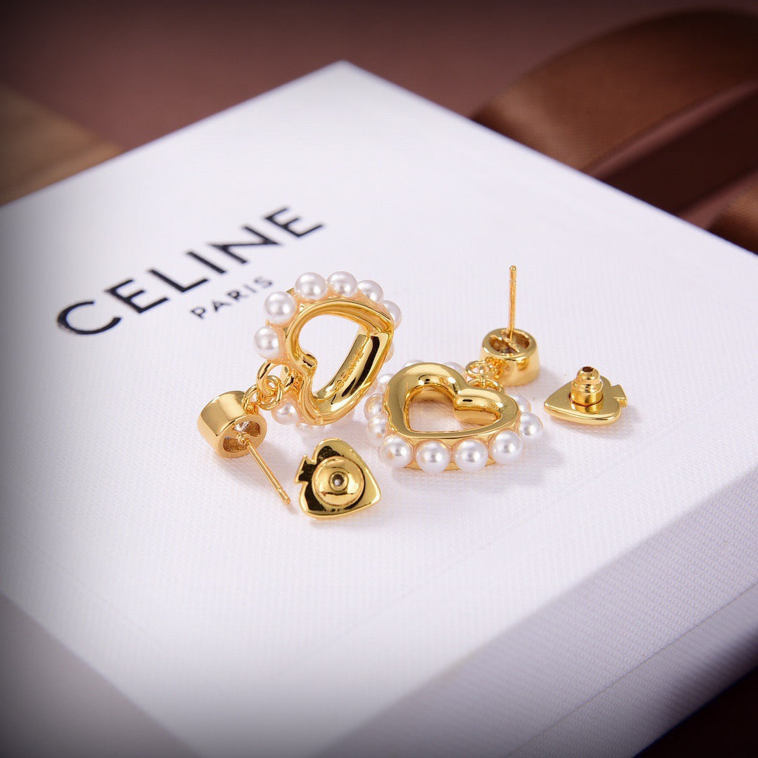 CELINE Style Gold-Tone Solitaire Crystal Stud Pearl-Trimmed Hollow Heart Drop Earrings