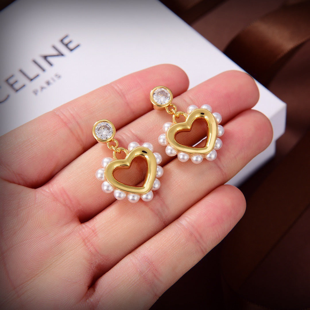 CELINE Style Gold-Tone Solitaire Crystal Stud Pearl-Trimmed Hollow Heart Drop Earrings