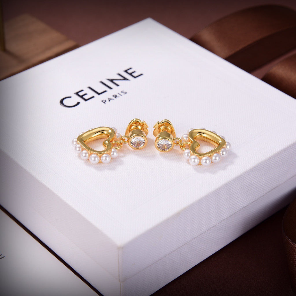 CELINE Style Gold-Tone Solitaire Crystal Stud Pearl-Trimmed Hollow Heart Drop Earrings