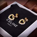 CELINE Style Gold-Tone Solitaire Crystal Stud Pearl-Trimmed Hollow Heart Drop Earrings