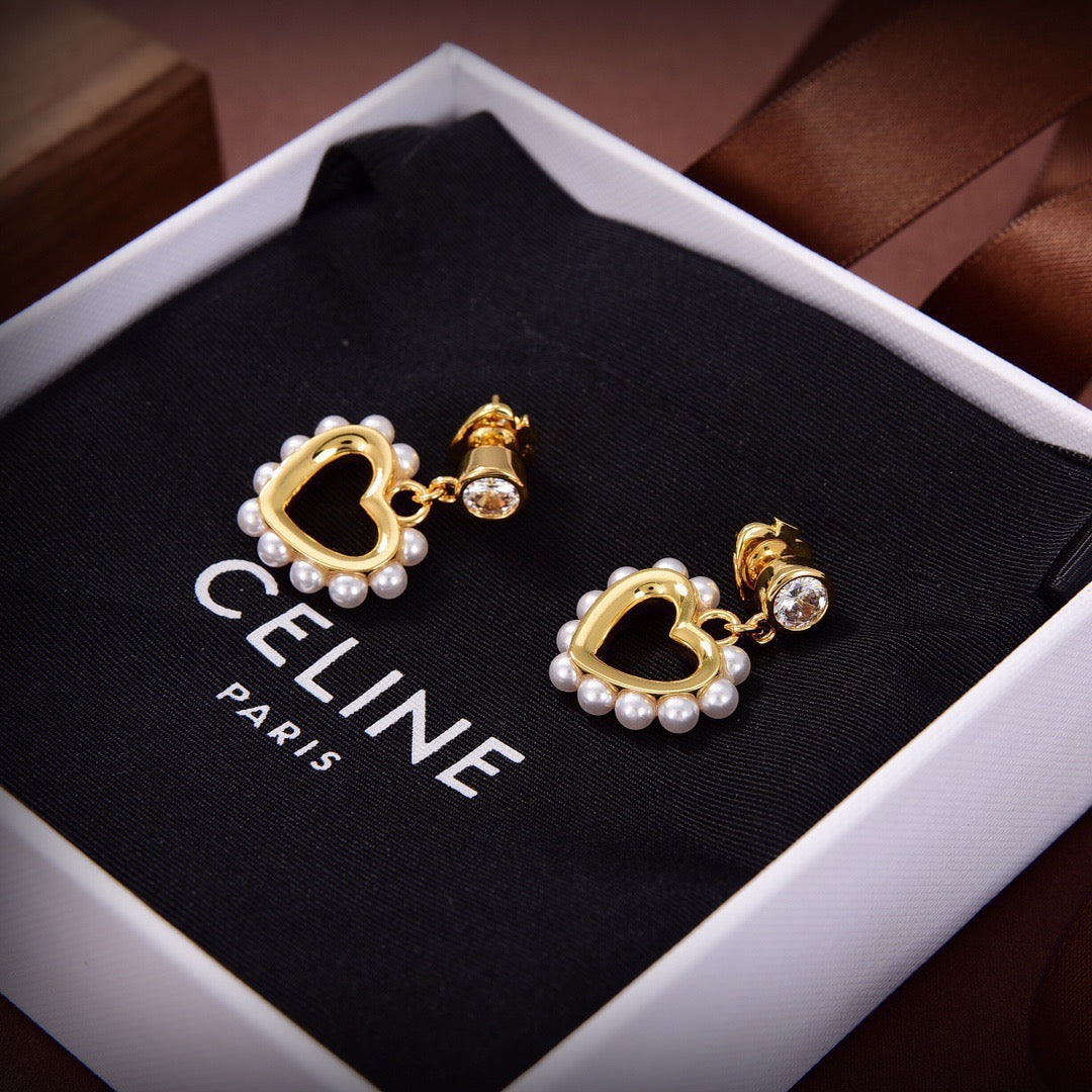 CELINE Style Gold-Tone Solitaire Crystal Stud Pearl-Trimmed Hollow Heart Drop Earrings