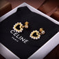 CELINE Style Gold-Tone Solitaire Crystal Stud Pearl-Trimmed Hollow Heart Drop Earrings
