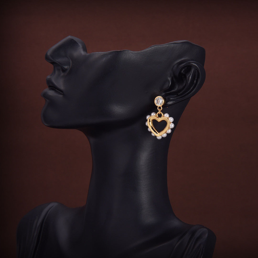 CELINE Style Gold-Tone Solitaire Crystal Stud Pearl-Trimmed Hollow Heart Drop Earrings
