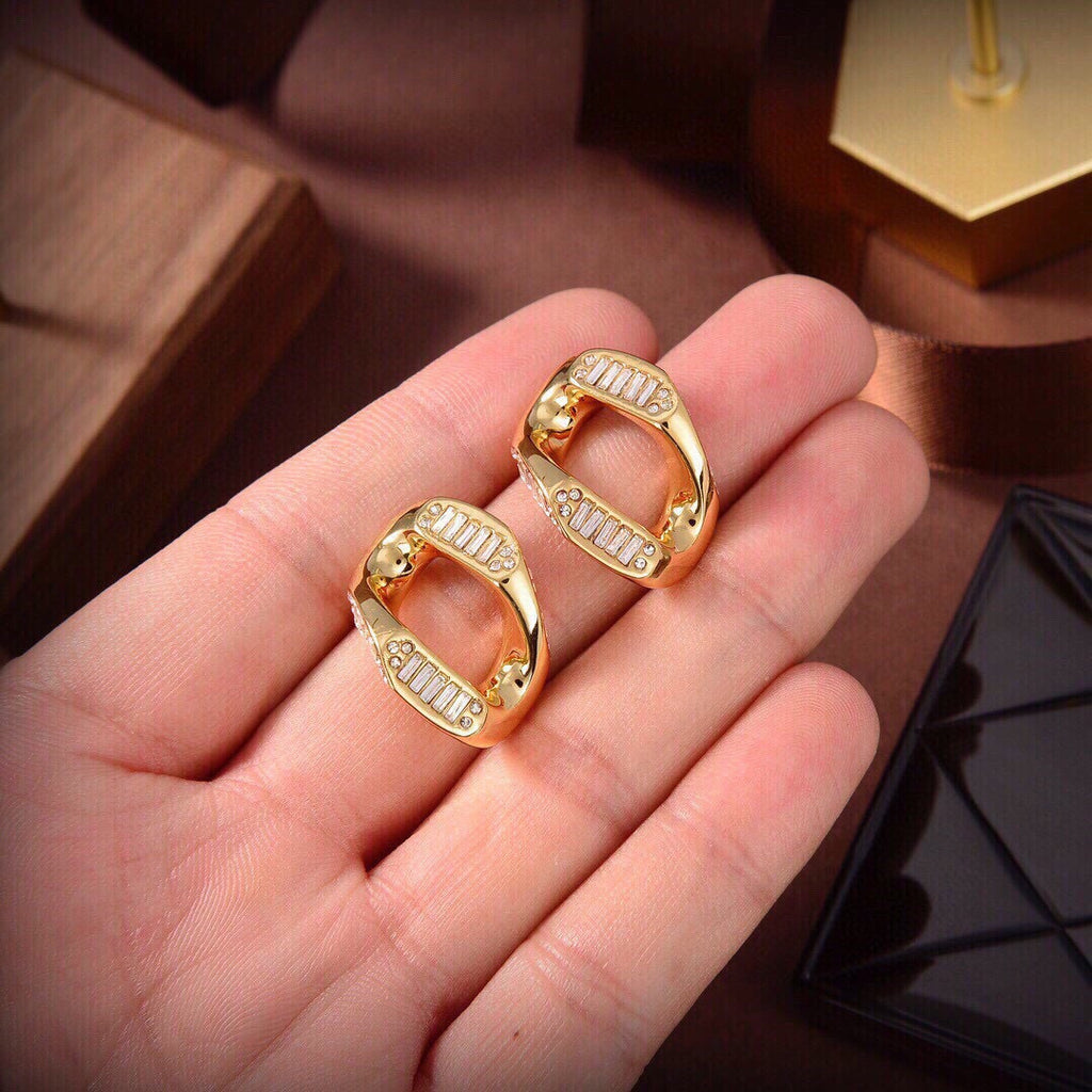 BURBERRY Style Gold-Tone Chain Link Geometric Baguette Crystal Pavé Half-Hoop Earrings