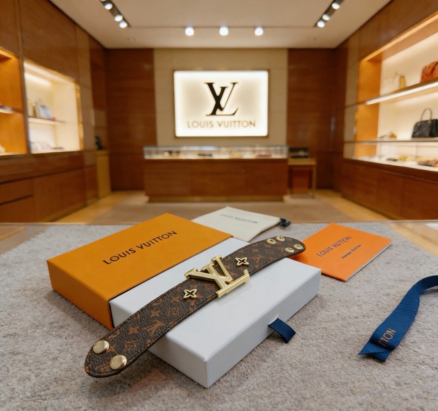 LOUIS VUITTON Style Monogram Canvas Gold-Tone Massive LV Icon Wide Leather Bracelet