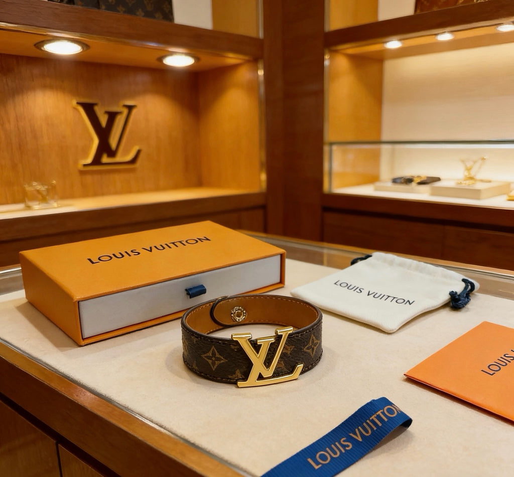 LOUIS VUITTON Style Monogram Canvas Gold-Tone Massive LV Icon Wide Leather Bracelet