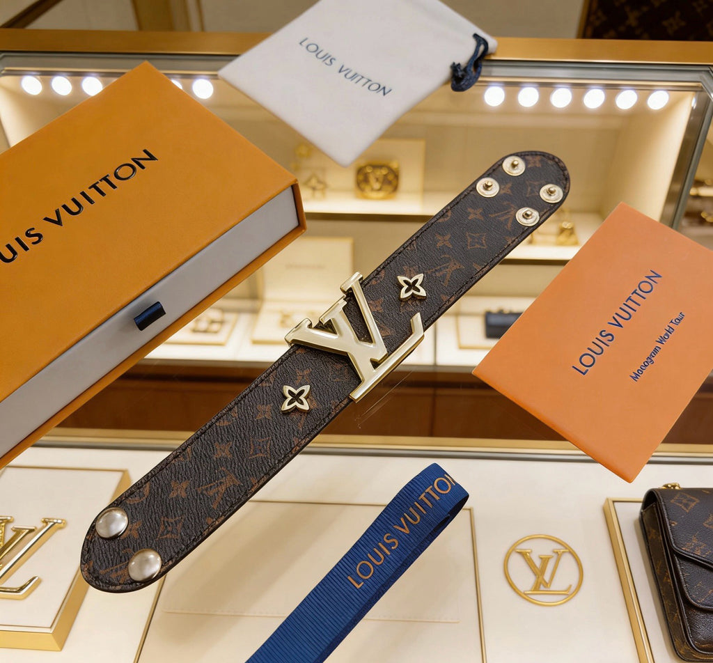 LOUIS VUITTON Style Monogram Canvas Gold-Tone Massive LV Icon Wide Leather Bracelet