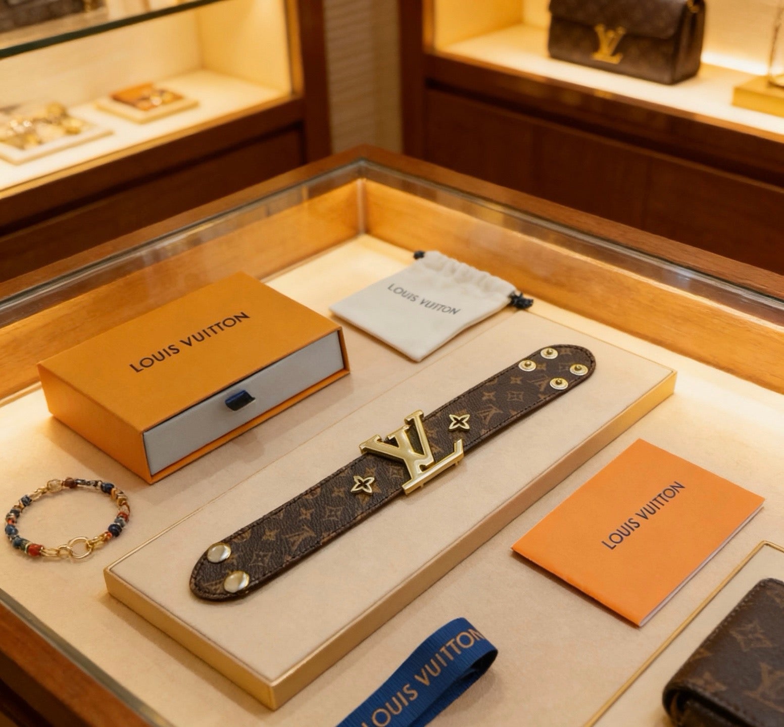 LOUIS VUITTON Style Monogram Canvas Gold-Tone Massive LV Icon Wide Leather Bracelet