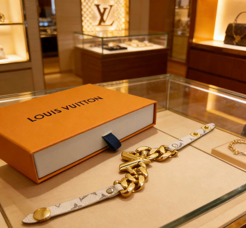 LOUIS VUITTON Style Monogram White Canvas Gold-Tone Chunky Chain Integrated LV Emblem Slim Leather Bracelet